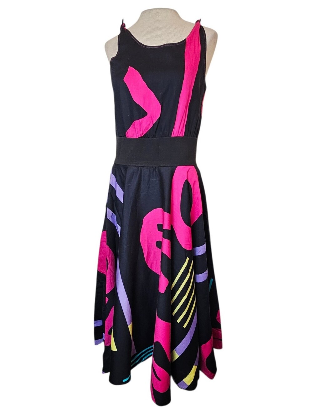Vintage Finnish 80s Geometric Dress - Size M - Graphic Pop Art Nu Wave Swing